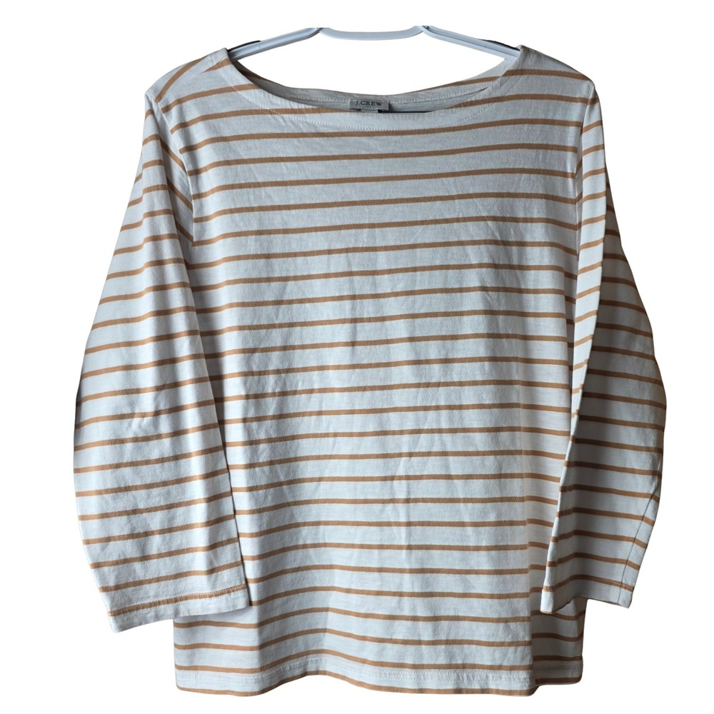 J.Crew Women's Medium Ivory Camel Stripe Boat Neck 100% Cotton Long Sleeve Tee